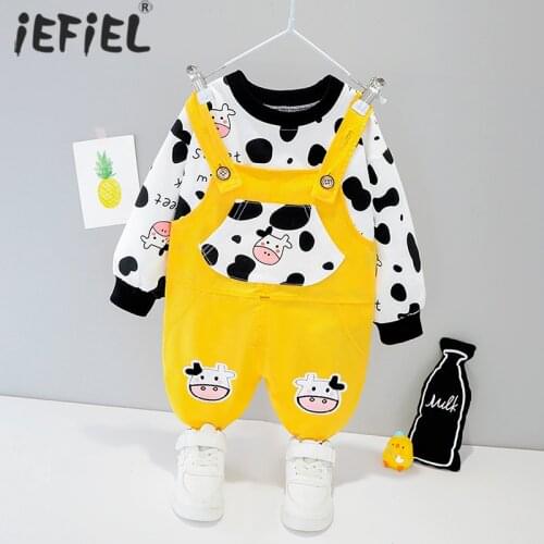 Baby Girls Boys Clothes Set Newborn Baby Girl Cartoon Cow Long Sleeve T-Shirt Top Cow Print Suspender Bib Trousers Sports Suit