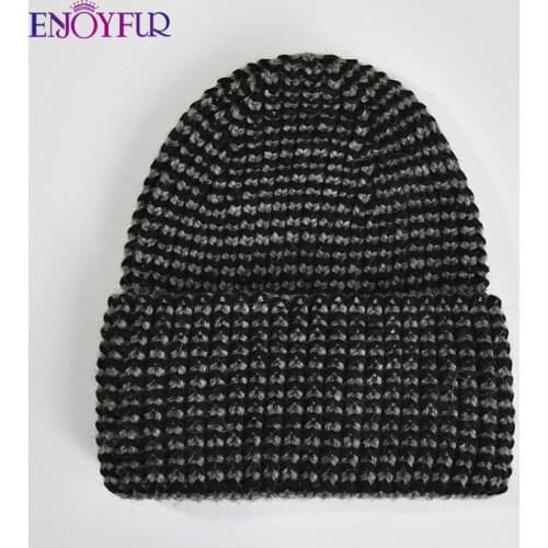 ENJOYFUR Winter Hats Women Warm Angora Rabbit Hair Knitted Girl Caps Fashion Female Cuffed Striped Dome Wool Beanie Skull Hat