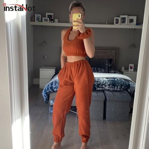 InstaHot Halter Women Two Piece Cargo Pants Set With A Wristband Sexy Club Backless Cropped Top Cargo Trouser Matching Set 2021