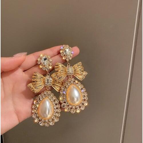 Korean Luxury Pink Rhinestone Bowknot Drop Earrings For Women Fashion Waterdrop Crystal Pendientes Party Jewelry