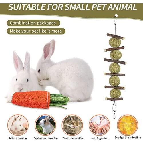 Small Animal Toy Pet Snack Toy With Grass Cake Apple Wood Chewing Sticks Natural Grass Ball Rabbit Hamster Molar Stick