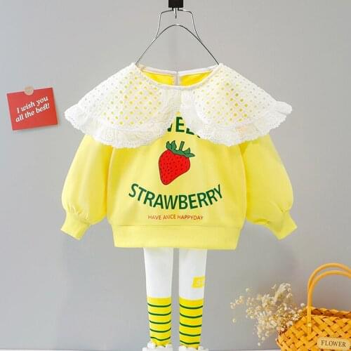 Fashion Girls Printed Clothing Sets Lace Strawberry Letter Print Casual Clothes for Children 1-4Y Toddler Girls Loose Clothing