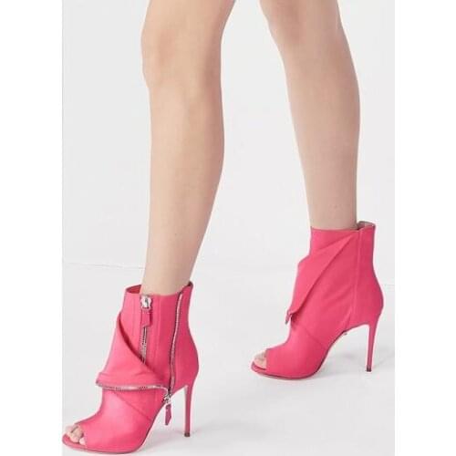Moraima Snc Pink Zip Peep Toe Booties Fold Over Stiletto Heel Ankle Boots Sexy Thin Heels Gladiator Boots