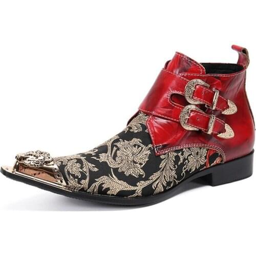 Mens Real Leather Ankle Cowboy Boots Shoes Chunky Heel Pointy Metal Toe Embroidery Floral Zip Party Black Red Plus Size 38-46