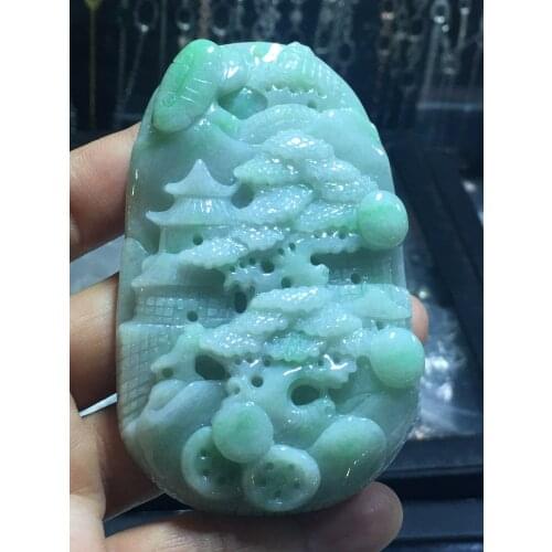 Natural Myanmar jade 7A HandCarved landscape waterfall jadeite green jade pendant jade necklace pendants jewelry jade necklaces