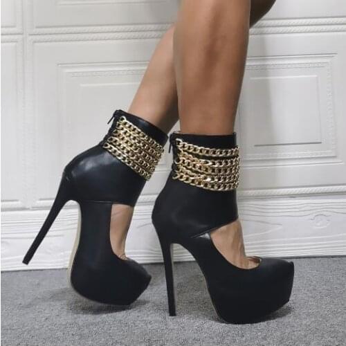 New Fashion Woman Black Platform Round Toe Cuts Out Short Boots Sexy Super Thin Heels Gold Chains Zipper Back Short Booties