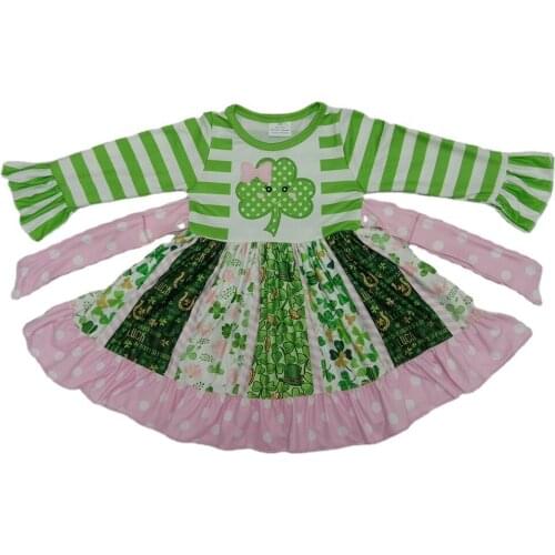 New Girls Dresses Long Sleeves Children Clothing Summer Printing Baby kid St.Patrick style cute clover pattern