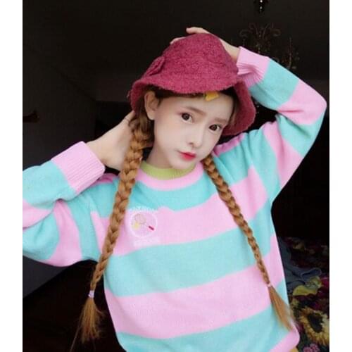 Girls Harajuku Macaroon Colors Embroidery Stripe Loose Long Sleeve Sweater moe