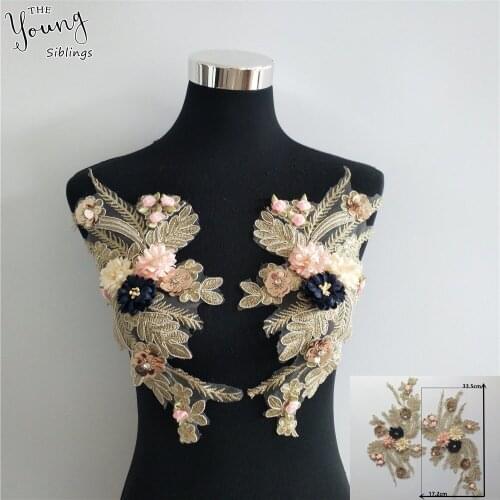 Lace Sequins 3D flower Embroidery Lace fabric everything for sewing Laces collar Trimmings Dresses Accessories A pair of sale