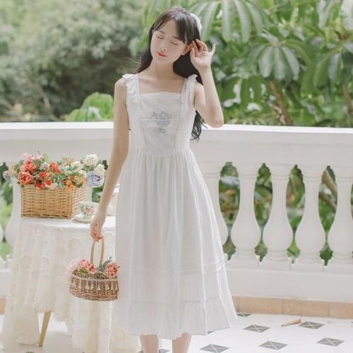Literary Retro Embroidery Girl Sweet Spaghetti Strap Dress Ruffled Square Collar Elegant Robe Femme Summer White Kawaii Dresses