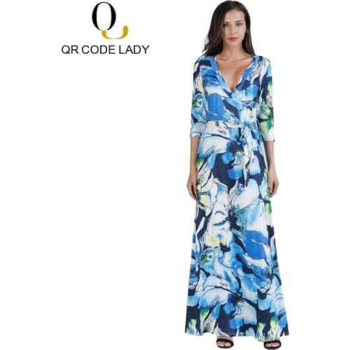 QR Brand Autumn Dress Women 2018 Casual Plus Size Vintage Print Long Dress Female Sexy V Neck Split Boho Beach Maxi Dresses 2XL