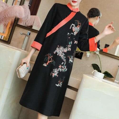 Traditional Chinese Dress Hanfu Qi Pao Women Retro Long Sleeves Vintage Embroidery Ao Dai Dress Chinese New Year Cheongsam 11872