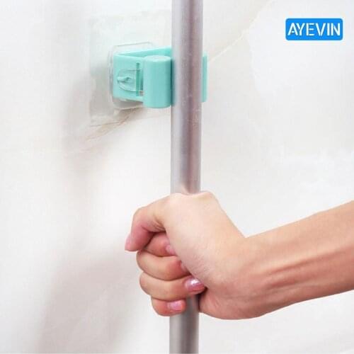 AYEVIN Universal Self-adhesive Wall Mounted Mop Holder Brush Broom Hanger Storage Rack Kitchen Organizer Kitchen Tool