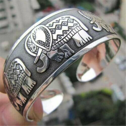 Vintage Ethnic Style Tibetan Silver Carving Flower Elephant Cuff Bracelets Opening Adjustable Bangles For Women Jewelry Gift