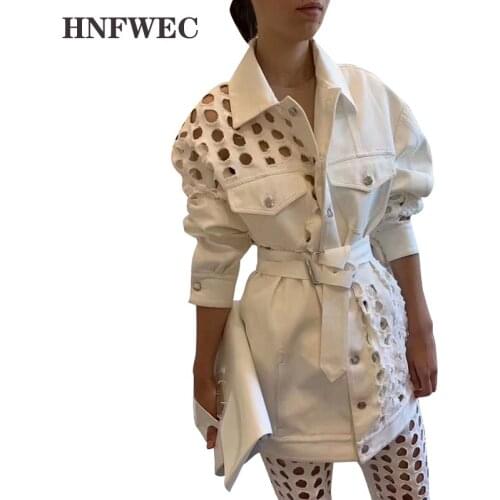 Korean Denim Hole Jacket Women Lapel Collar Long Sleeve High Waist With Sashes Hollow Out Coats Female 2020 Fashion Tide K330
