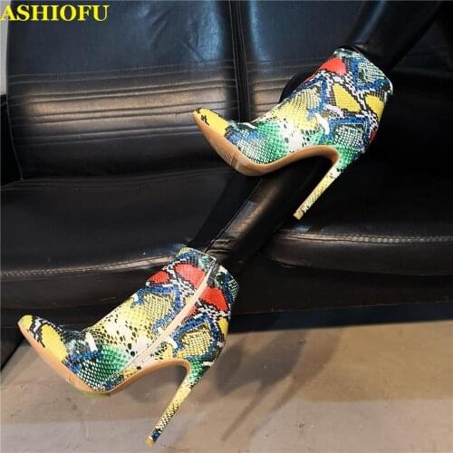 ASHIOFU Handmade Hot Sale Womens High Heel Boots Animal-print Leather Ankle Boots Party Prom Club Fashion Winter Short Boots