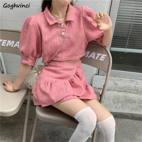 Summer Women Sets Short Puff Sleeve Cropped Sweet Tops Ruffles A-line Mini Skirts Korean Style Simple Trendy Vintage Chic Simple