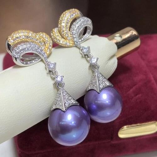 Pure 925 Sterling Silver Fine Jewelry Fresh Water Purple 9-8mm Round Pearl Dangle Earrings for Women Fine Pearl Earrings