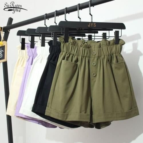 2021 Summer High Waist Shorts Women Solid Casual Shorts Wide Leg Cargo Shorts Elastic Trousers Pantalon Femme with Pockets 10659