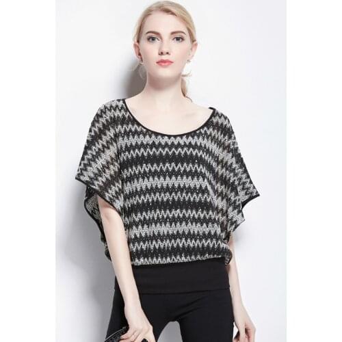 Hollow knitted sweater womens summer 2021 new bat short-sleeved blouse, breathable French sexy plaid top