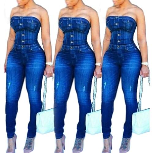 Spring Summer Women Off Shoulder Jeans Jumpsuits Rompers Fashion Strapless Buttons Long Slim Denim Womens Jumpsuits Overalls