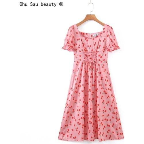 2021 Summer French Sweet Dress Square Collar Cherry Print Puff Sleeve Chic Dress Lace-Up Mid-Length Dresses Women Vestido