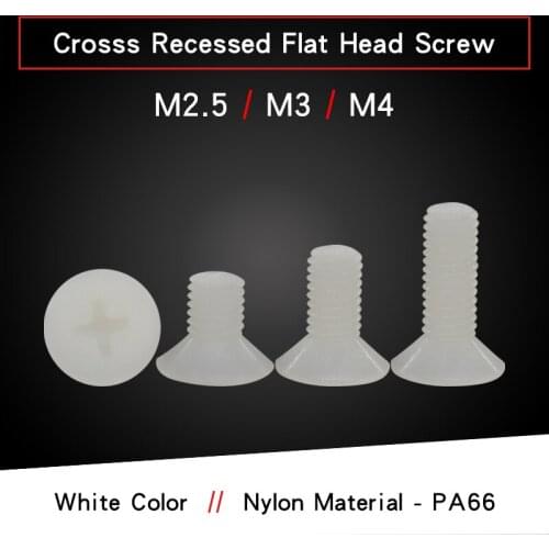 100 PCS Nylon Cross Recessed Flat Countersunk Head Screw M2.5 M3 M4 White Color Nylon Plastic Insulation Phillips Bolts