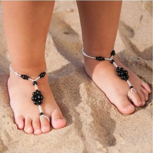2021 Fashion Elegant Imitation Pearl Beaded Elasticity Toe Ring Anklets Bohemia Beach Baby Children Foot Jewelry Barefoot Anklet
