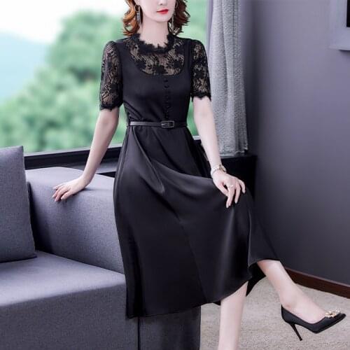 2021 Vintage Black Lace Patchwork Satin Sexy Dress Summer Casual 4XL Plus Size Midi Dress Women Elegant Bodycon Party Vestidos