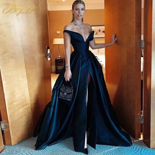 Berylove Sexy Black Evening Prom Dresses 2020 Satin Elegant Women Long Fashion High Slit Off Shoulder Party Dress Formal Gown