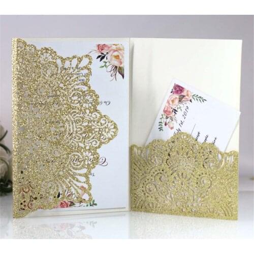 Glitter Gold Invitation Cards Hollow Floral Laser Pocket Wedding & Party Invites Customized Text Printing 50pcs Per Lot
