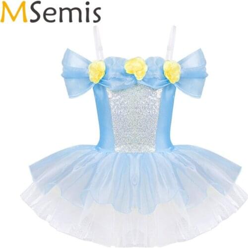 Kids Girls Ballet Leotard Gymnastic Dress Shoulder Straps Off Shoulder 3D Flowers Tutu Ballet Dancewear Gymnastics Leotard Dress