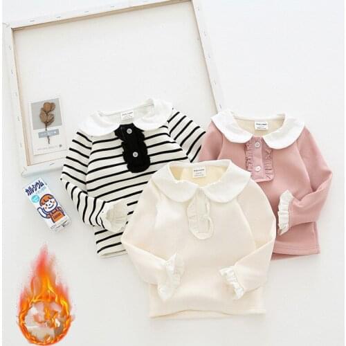 Toddler Girl Warm Tshirt Autumn Winter Baby Fashion Striped Thicken Bottoming Shirt Cute Doll Collar Plus Velvet Tshirt for Girl