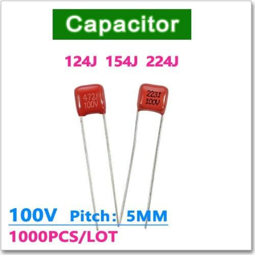 JASNPROSMA CBB pitch 5MM 100V 1000PCS 120NF 150NF 220NF 124J 154J 224J 0.22UF 0.15UF 0.12UF DIP 5% capacitor CBB21 CBB22