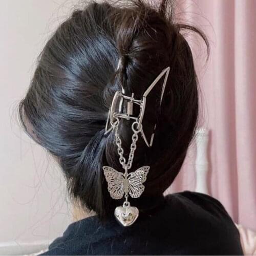 Lystrfac Fashion Alloy Butterfly Love Pendant Hair Claw for Women Hair Grab Sliver Hair Clip Ins Hairpin Female Hair Accessories