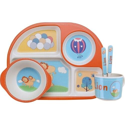 5 Pcs Bamboo Fiber Kids Tableware Set Division Sections Dinner Plate+Bowl+Spoon+Fork+Water Cup Kit