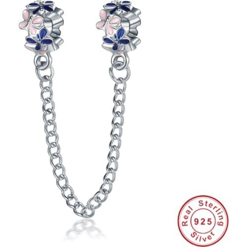 Original 925 Silver Charms Fashion Flower Shape Safety Chain Fit Band Original Women Charm Bracelet Jewelry Making