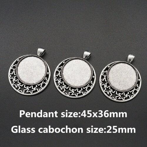 10pcs Round Stars Antique Silver plated Necklace Pendant Setting Cabochon Cameo Base Tray Bezel Blank Fit 25mm glass cabochon