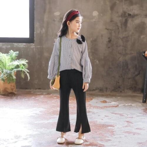 Formal Girls 4-14 Years Stripe Shirt and Black Bell Trousers Kid Girls Clothes Set Fashion Summer Children Two-piece Suit