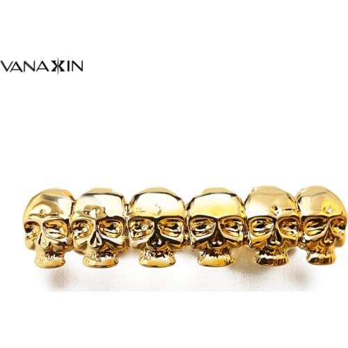 VANAXIN Punk Teeth Grillz Men Jewelry Brass Jewelry Gold Color Dental Mouth Punk Teeth Caps Fashion Skull Shape Grillz Rock