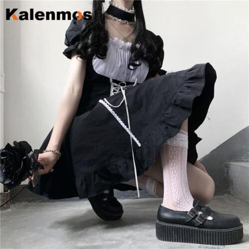 Lolita Dress Women Korean Japanese Gothic Girls Lace Vintage Victorian Patchwork Lace-up Stand Collar Velvet Mini Punk Dresses