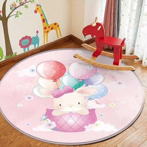 Simple Children Carpet Balloon Pink Cute Rabbit Pattern Non-Slip Baby Hand Print Round Carpet Baby Play Children Flannel Carpet