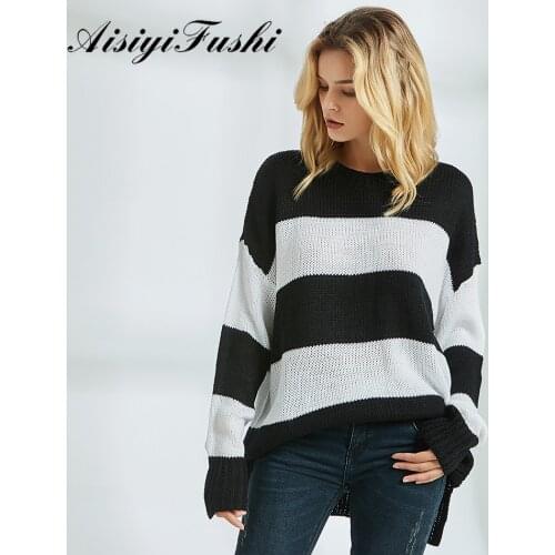 AISIYIFUSHI black white striped sweater women Round Neck Long Sleeve cable knit sweater winter woman sweater knitting pullovers