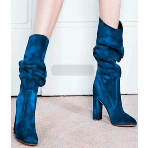 Slouchy Knee High Boots Round Toe Square Heel Blue Suede Women Dress Boots Slip On Custoom Made Winter Pleated Shoes