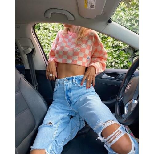 Womens Casual Long Sleeve Sweater Fashion Contrast Color Plaid Exposed Navel Knitted Tops