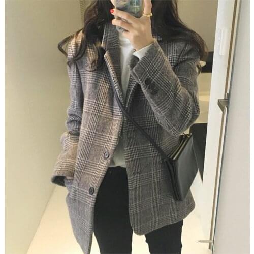 Retro Plaid Woolen Blazer Women 2020 Autumn and Winter Loose Suit Jacket Female Long Sleeve Double Breasted Coat Overcoats k1273