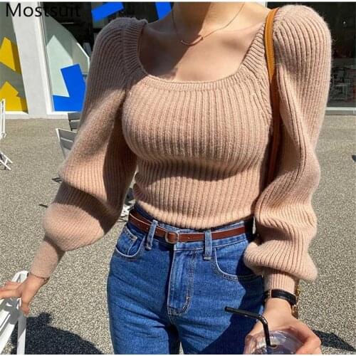 Korean Puff Sleeve Knitted Sweater Pullover Women Square Collar Slim Solid Fashion Tops 2020 Autumn Winter Female Ladies Jumpers