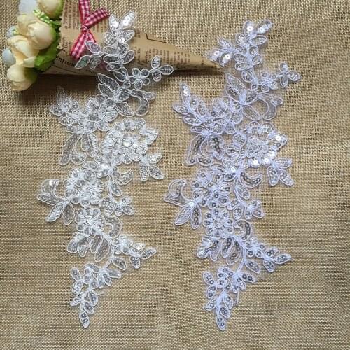 1Pair Bling Sequin Embroidered Bridal Dress Wedding Decorative Sewing Lace Applique Trim Craft For Garment Accessories T46