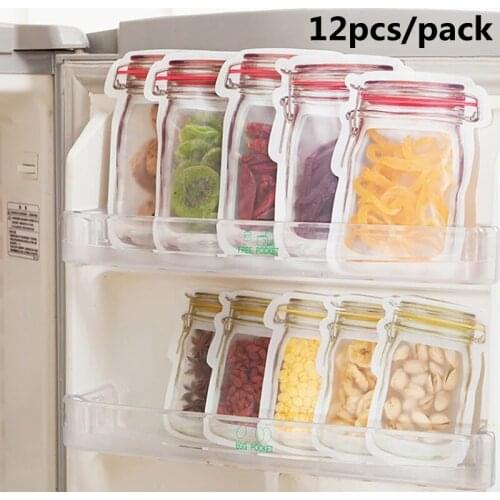 12pcs/pack Reusable Mason Jar Bottles Bags Set Jar Shaped Air Tight Pouch Zip Lock Seal Fresh Food Storage Bag Kitchen Organizer