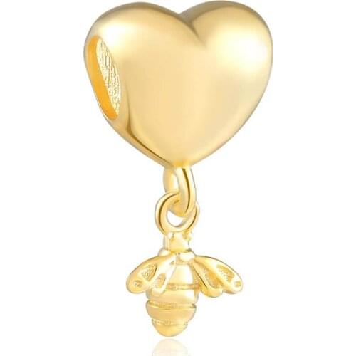 Authentic S925 Silver Golden Heart & Bee Pendant Dangle Bead Charm fit Lady Bracelet Bangle DIY Jewelry Making